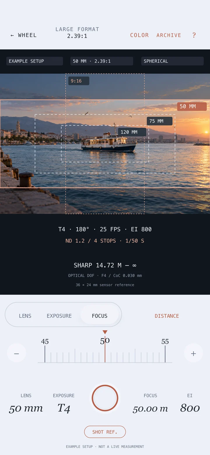 Film odaklı CineBrain vizör örneği; lens ve koruma çerçeveleriyle liman sahnesi.